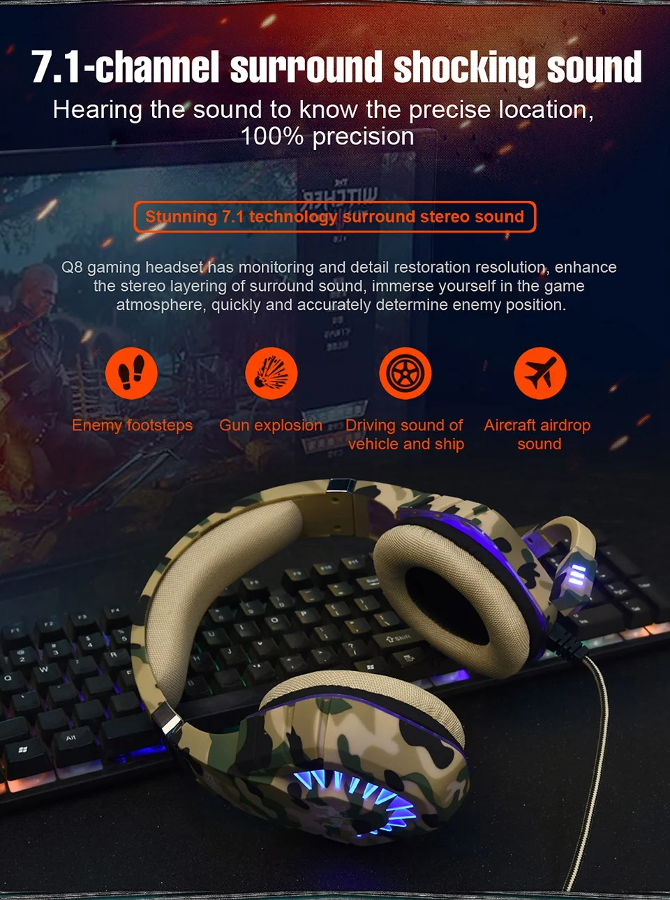 Casque de jeu filaire camouflage OVLENG Q8 Casque réglable pour sports électroniques avec effet lumineux Casque supra-auriculaire USB 7.1 canaux - Gris camouflage 1