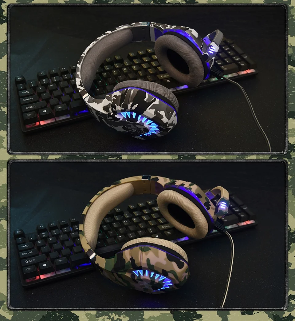 Casque de jeu filaire camouflage OVLENG Q8 Casque réglable pour sports électroniques avec effet lumineux Casque supra-auriculaire USB 7.1 canaux - Gris camouflage 10