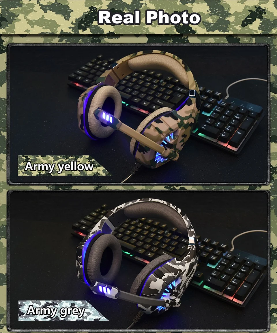 Casque de jeu filaire camouflage OVLENG Q8 Casque réglable pour sports électroniques avec effet lumineux Casque supra-auriculaire USB 7.1 canaux - Gris camouflage 9