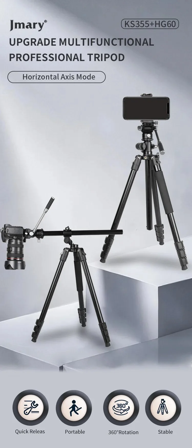 JMARY KS355+HG60 DSLR ILDC Camera 2-in-1 Monopod Tripod 360 Degree Panoramic Ball Head Stand 1