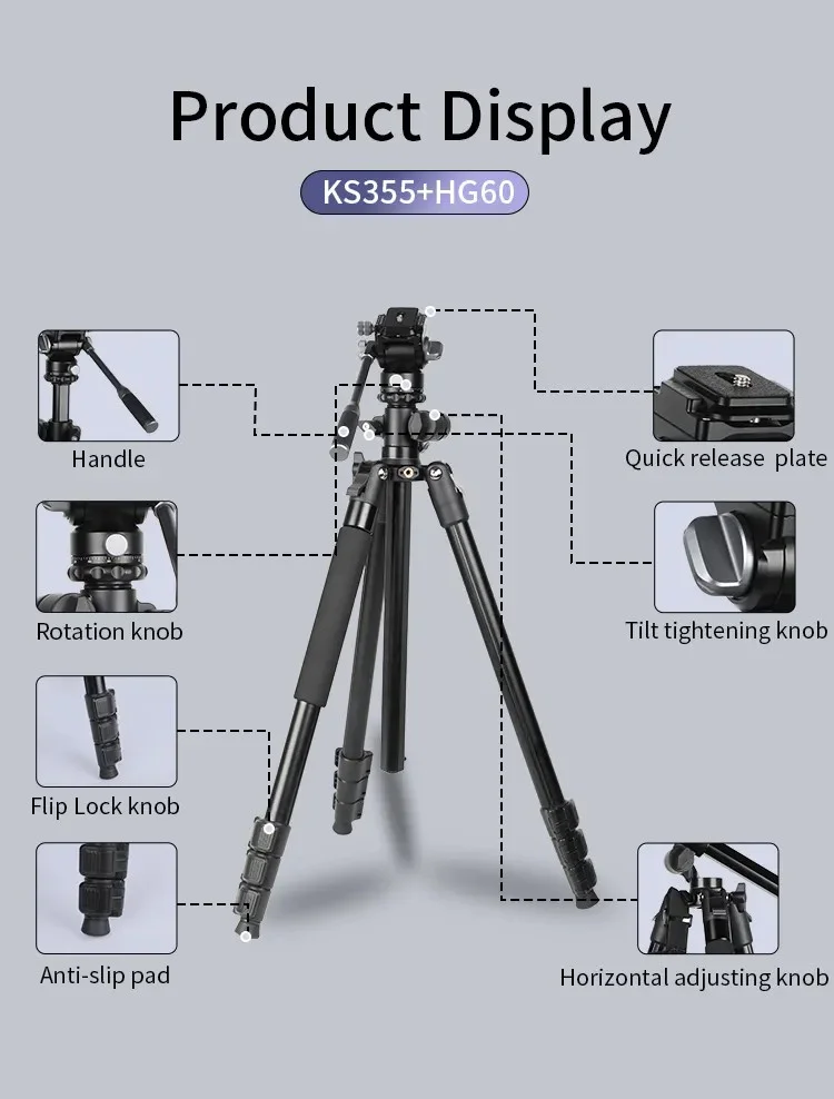 JMARY KS355+HG60 DSLR ILDC Camera 2-in-1 Monopod Tripod 360 Degree Panoramic Ball Head Stand 10