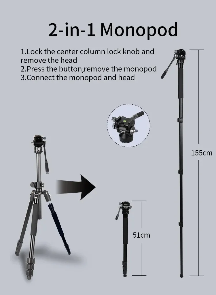 JMARY KS355+HG60 DSLR ILDC Camera 2-in-1 Monopod Tripod 360 Degree Panoramic Ball Head Stand 3