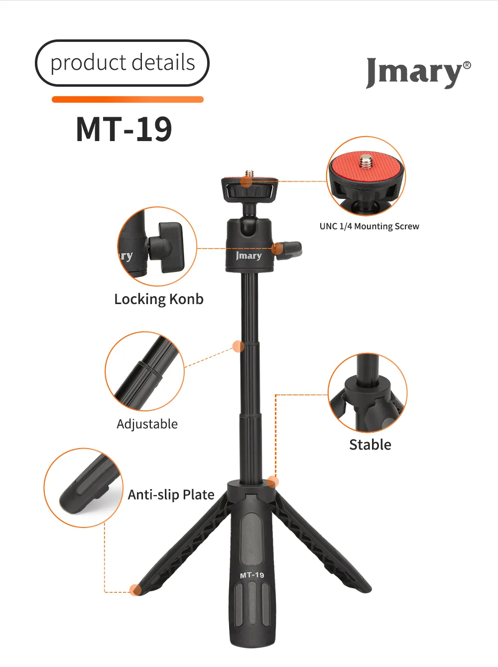 JMARY MT19 Portable Mini Extendable Selfie Stick Camera Mobile Phone Holder Live Streaming Tripod Desktop Stand 4