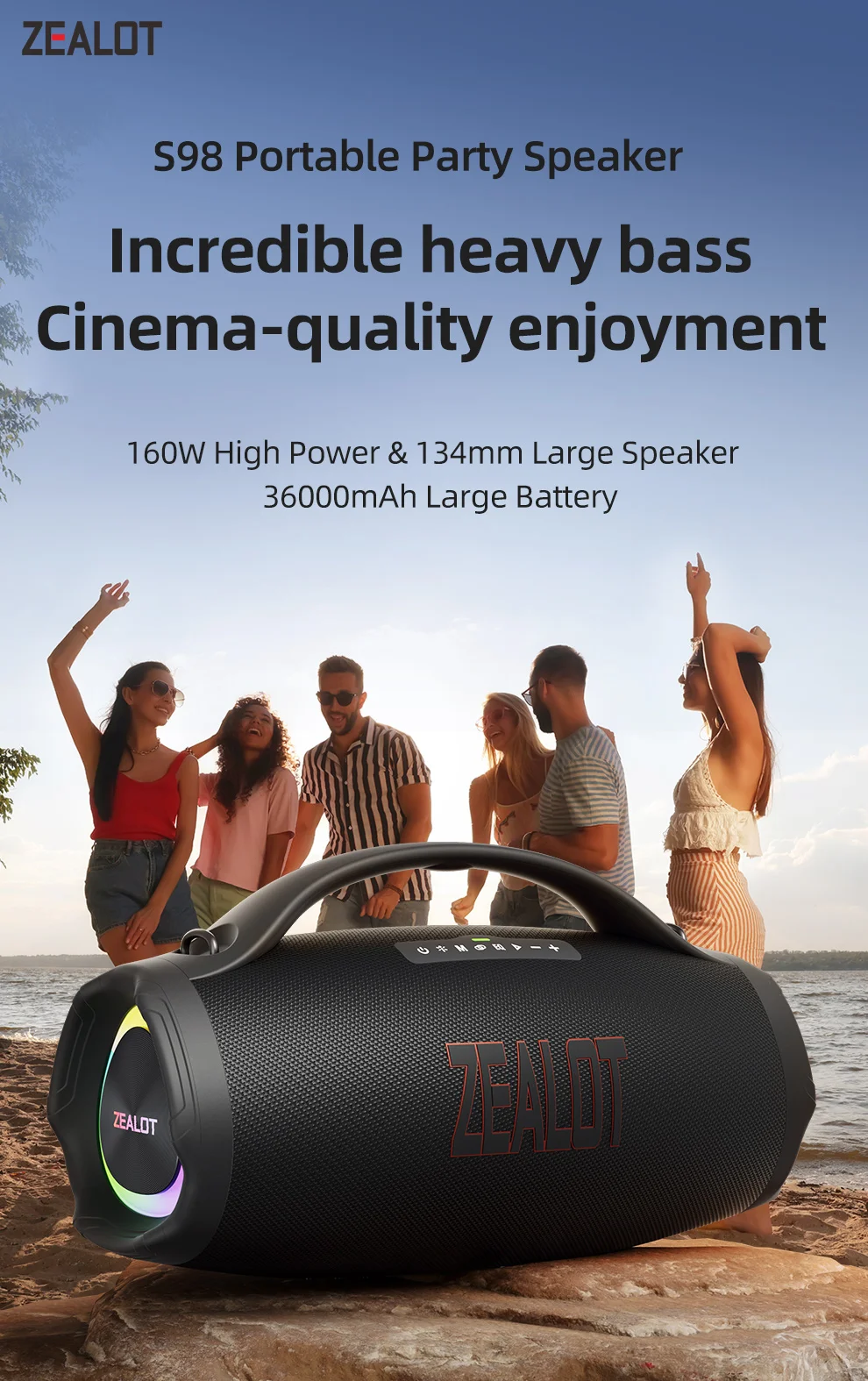 ZEALOT S98 Enceinte Bluetooth portable 160 W, caisson de basses stéréo sans fil TWS, HiFi, musique - Noir 1