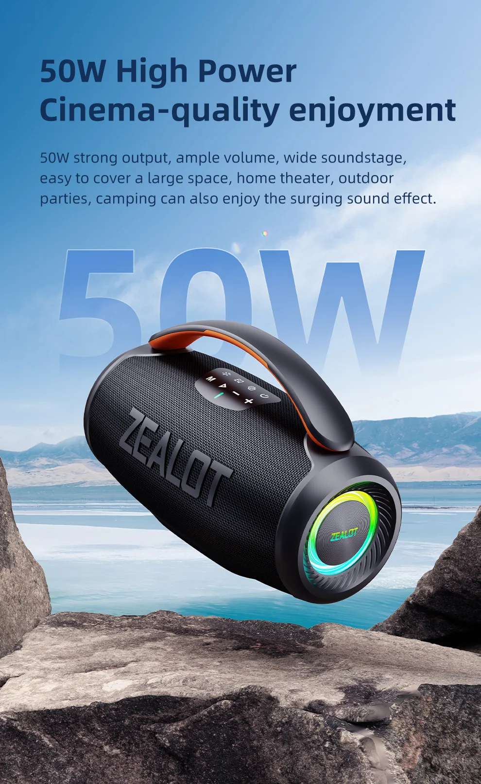 ZEALOT P11 50W Portable Bluetooth-Compatible Speaker RGB Light USB / TF / Aux TWS Wireless Bass Subwoofer - Black 5