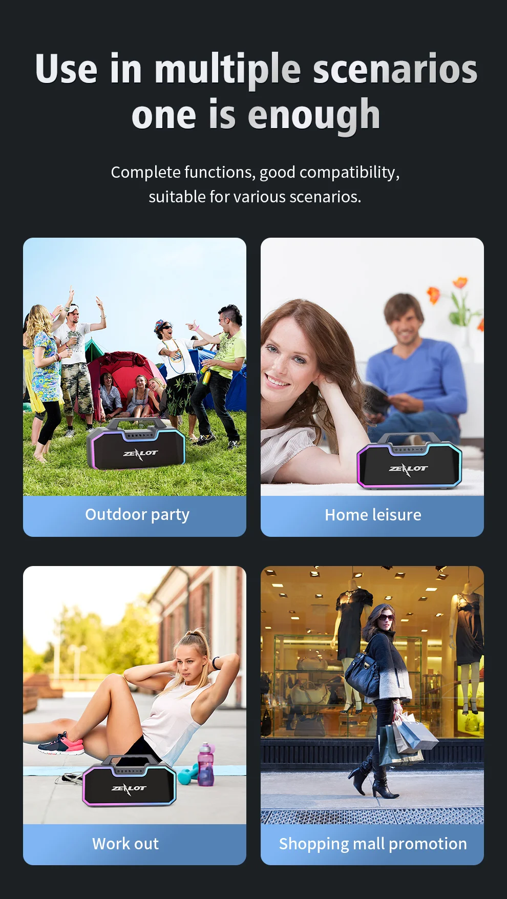 ZEALOT S57 Enceinte portable d'extérieur rechargeable Bluetooth, éclairage coloré, musique sans fil, caisson de basses, prise en charge de la carte TF, lecture de musique 14