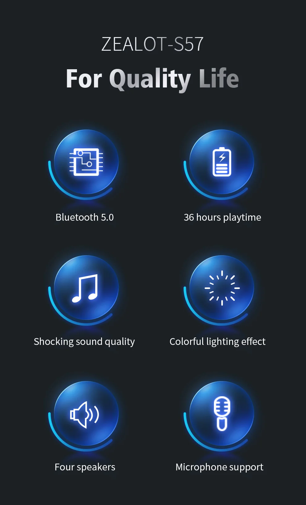 ZEALOT S57 Enceinte portable d'extérieur rechargeable Bluetooth, éclairage coloré, musique sans fil, caisson de basses, prise en charge de la carte TF, lecture de musique 2