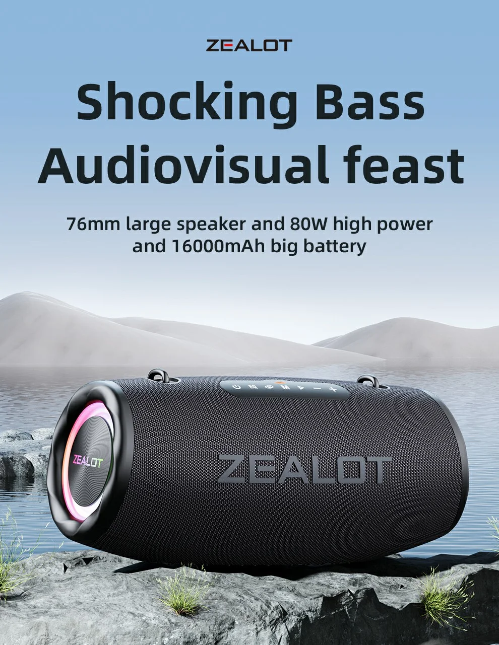 Enceinte Bluetooth ZEALOT S87, éclairage RGB, caisson de basses haute puissance 80 W, noir