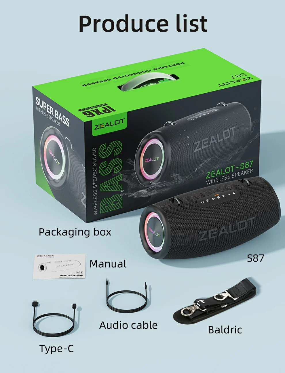Enceinte Bluetooth ZEALOT S87, éclairage RGB, caisson de basses haute puissance 80 W, noir 16