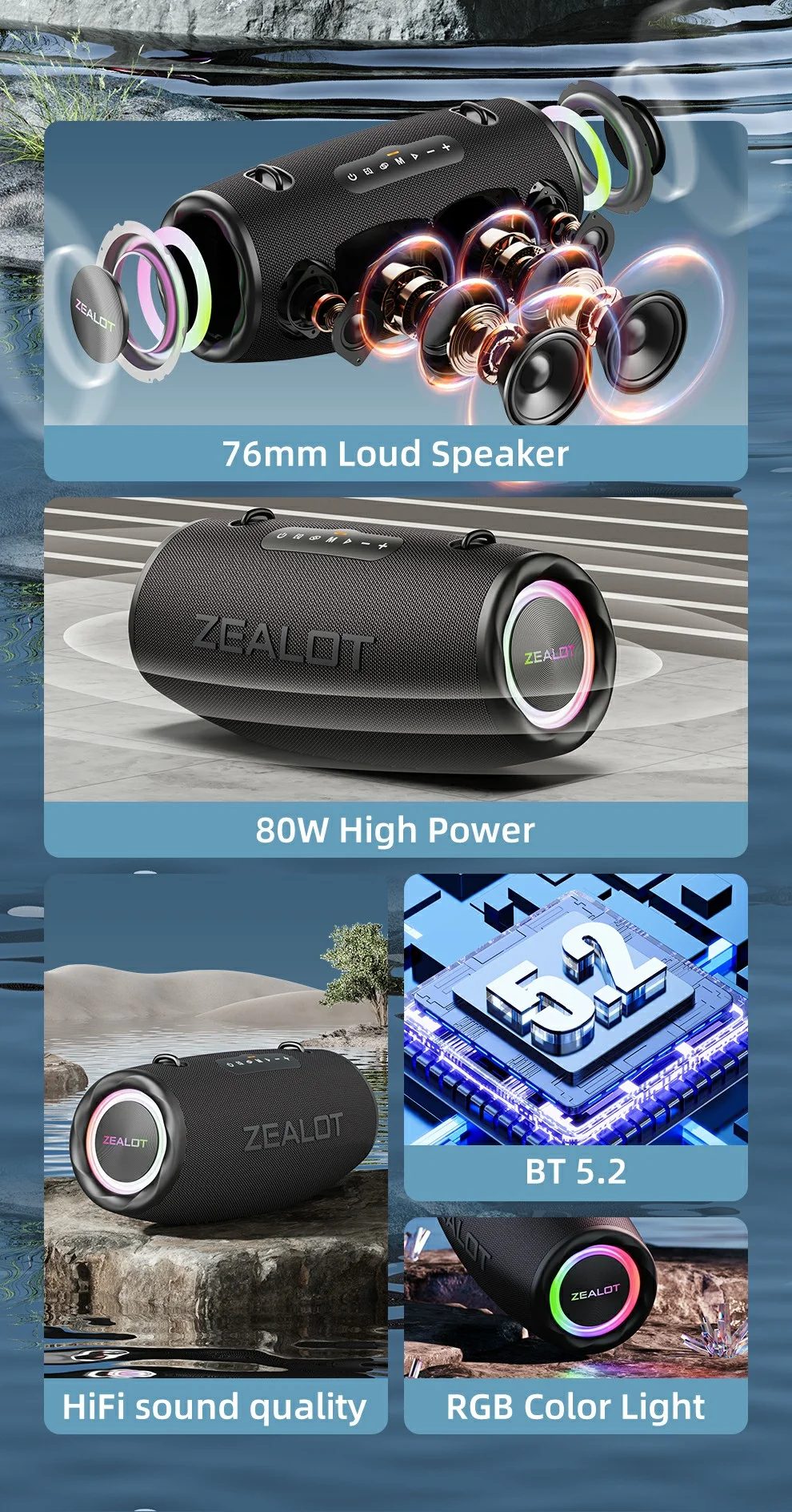Enceinte Bluetooth ZEALOT S87, éclairage RGB, caisson de basses haute puissance 80 W, noir 2