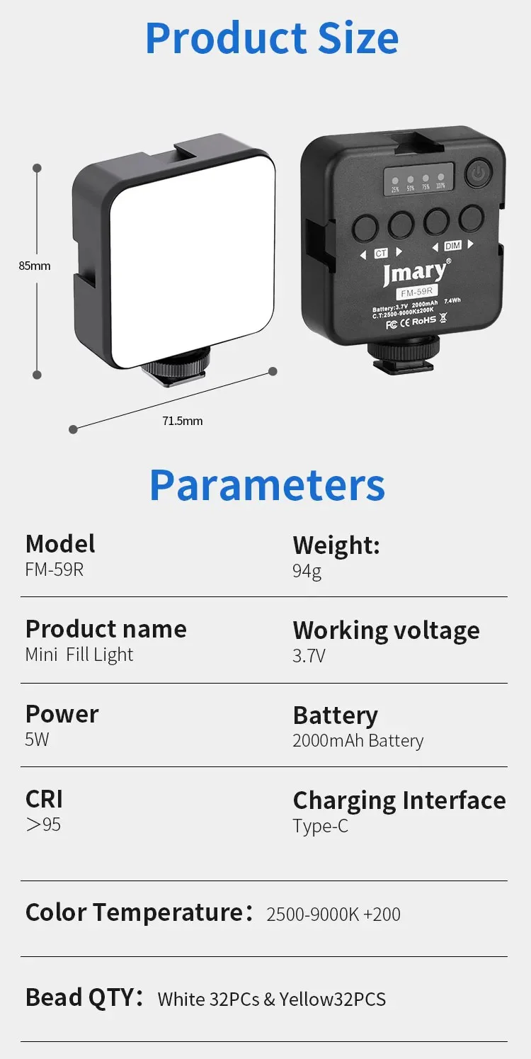 JMARY FM-59R Dimmable Video Recording Mini Fill Light with 3 Cold Shoe Mounts 10
