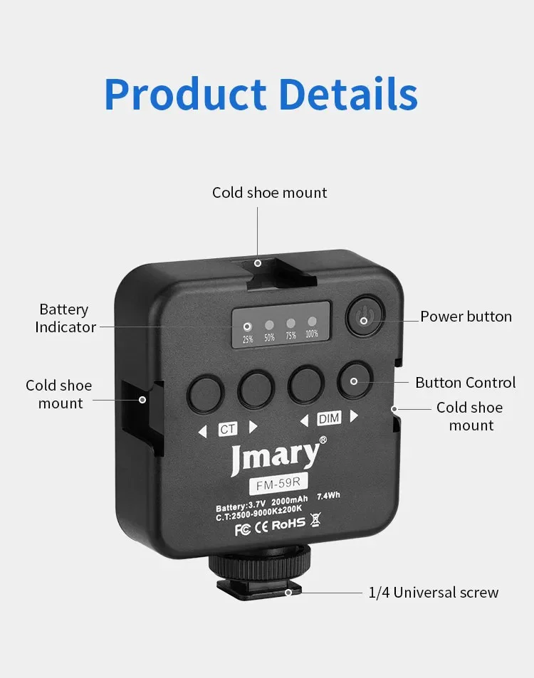 JMARY FM-59R Dimmable Video Recording Mini Fill Light with 3 Cold Shoe Mounts 7