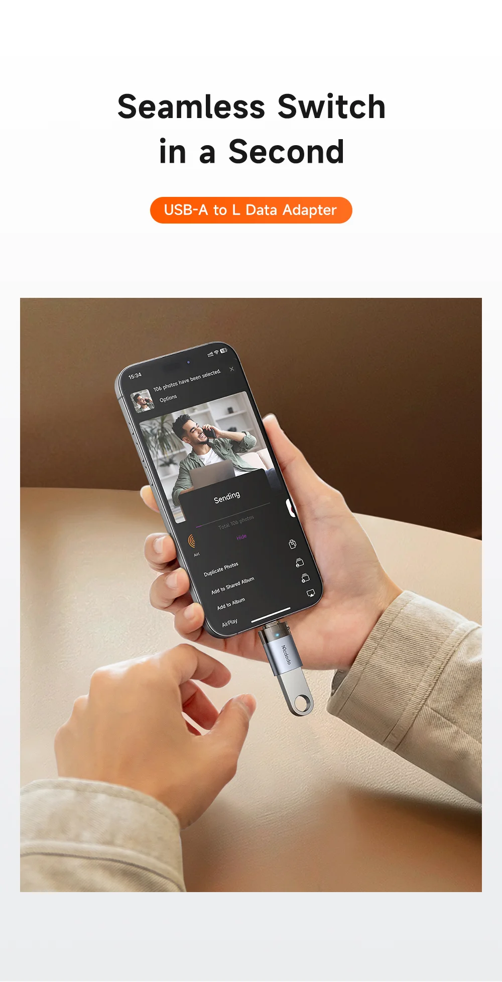 MCDODO OT-7390 MDD USB-A to iP Adapter with LED Light Data Transfer 480Mbps 1