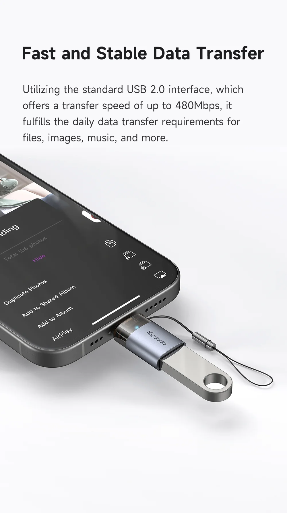 MCDODO OT-7390 MDD USB-A to iP Adapter with LED Light Data Transfer 480Mbps 3