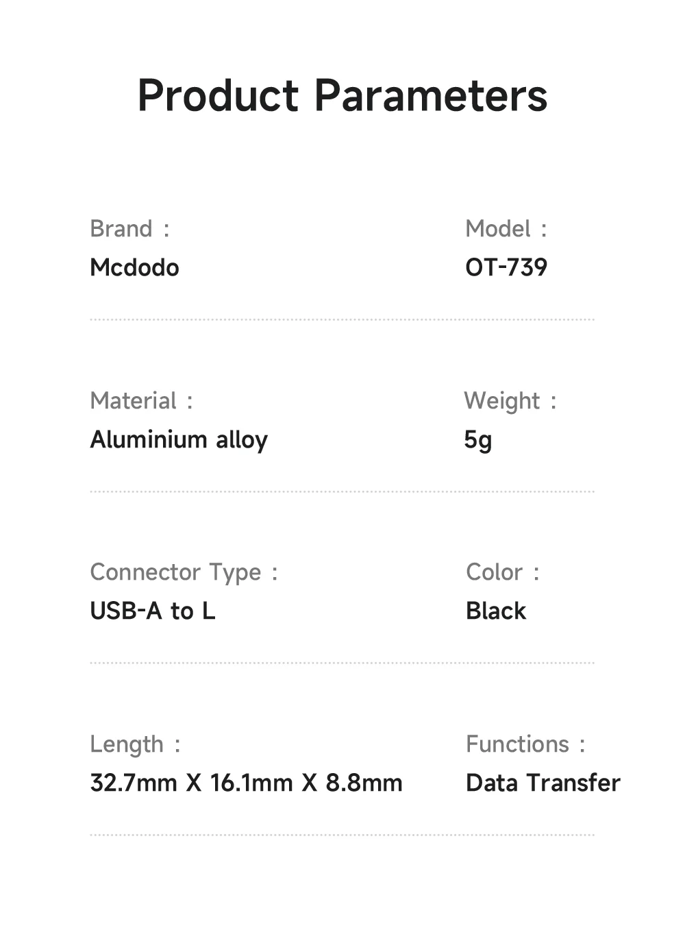 MCDODO OT-7390 MDD USB-A to iP Adapter with LED Light Data Transfer 480Mbps 6