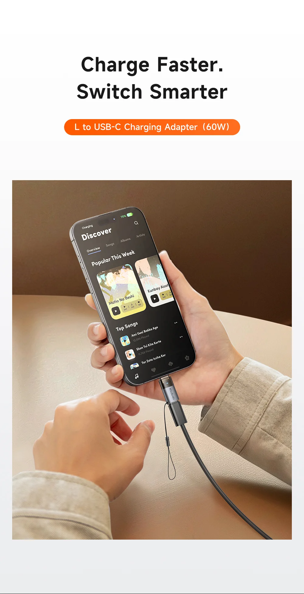 MCDODO OT-7610 MDD iP Female to USB-C Male Adapter with LED Light PD 60W Fast Charging Converter 1