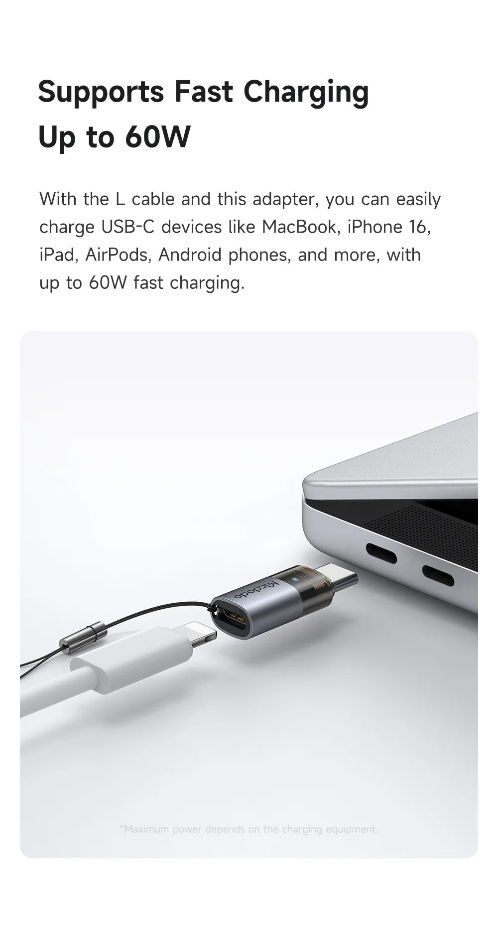 MCDODO OT-7610 MDD iP Female to USB-C Male Adapter with LED Light PD 60W Fast Charging Converter 3
