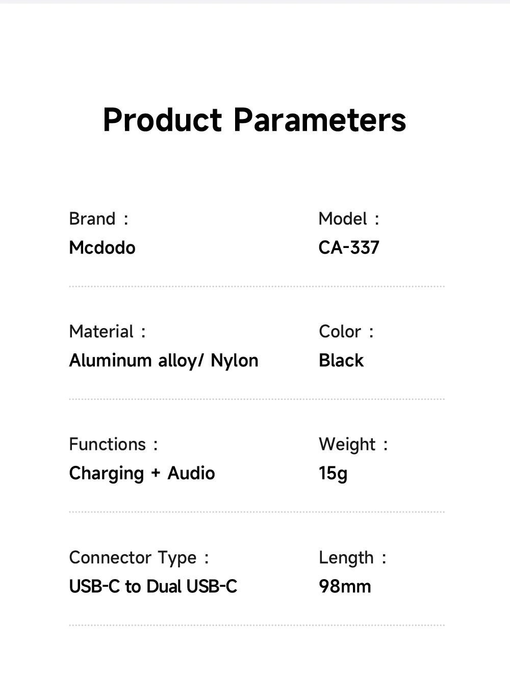 MCDODO CA-3370 MDD 2 in 1 Audio Adapter Cable USB-C to Dual USB-C Charging / Audio For Smartphones / Tablets 6