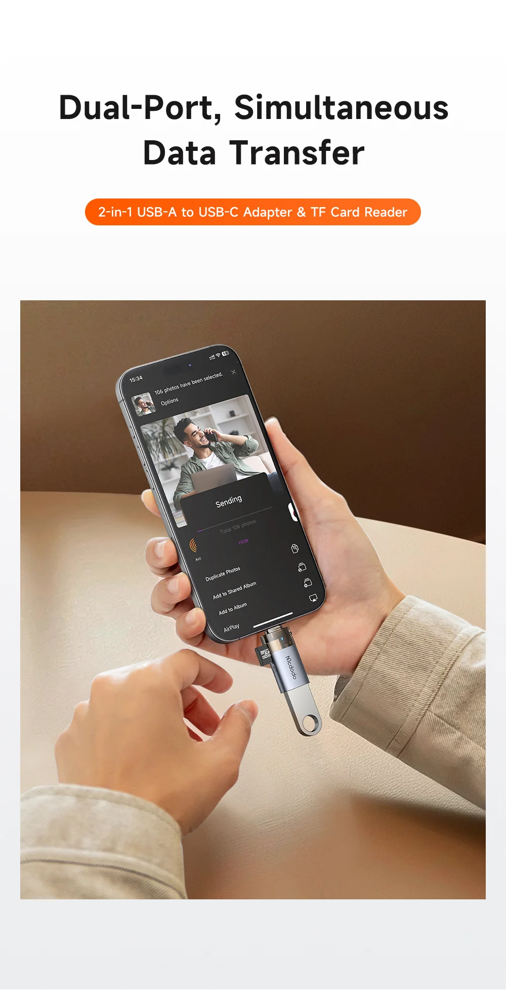 MCDODO OT-760 2 in 1 USB A Female to USB C Male Converter 480Mbps Data Transfer Adapter with TF Card Slot 1