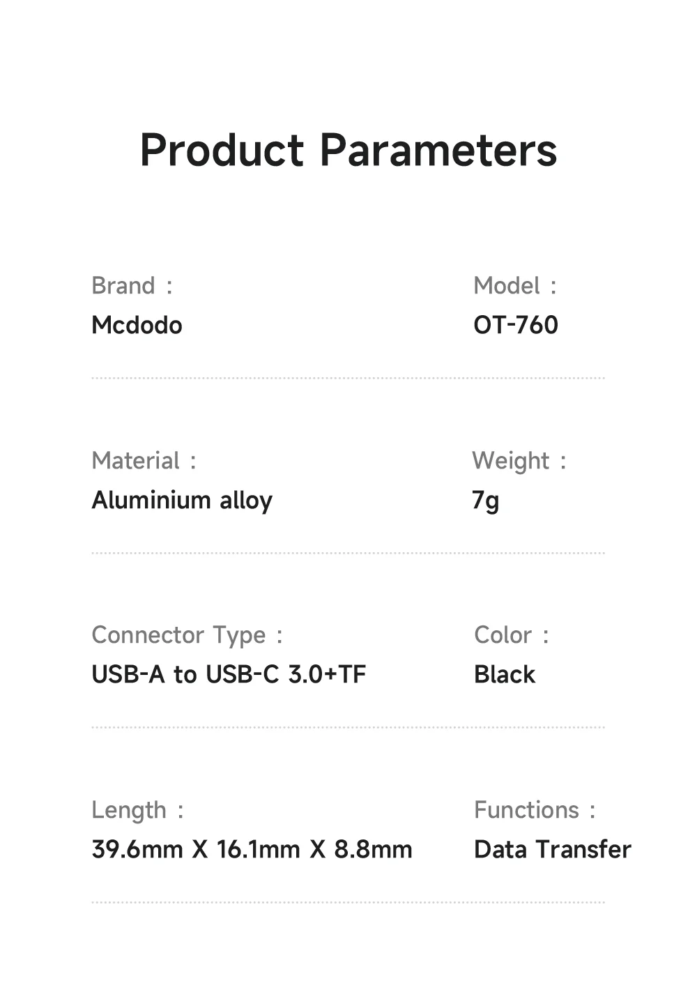 MCDODO OT-760 2 in 1 USB A Female to USB C Male Converter 480Mbps Data Transfer Adapter with TF Card Slot 6