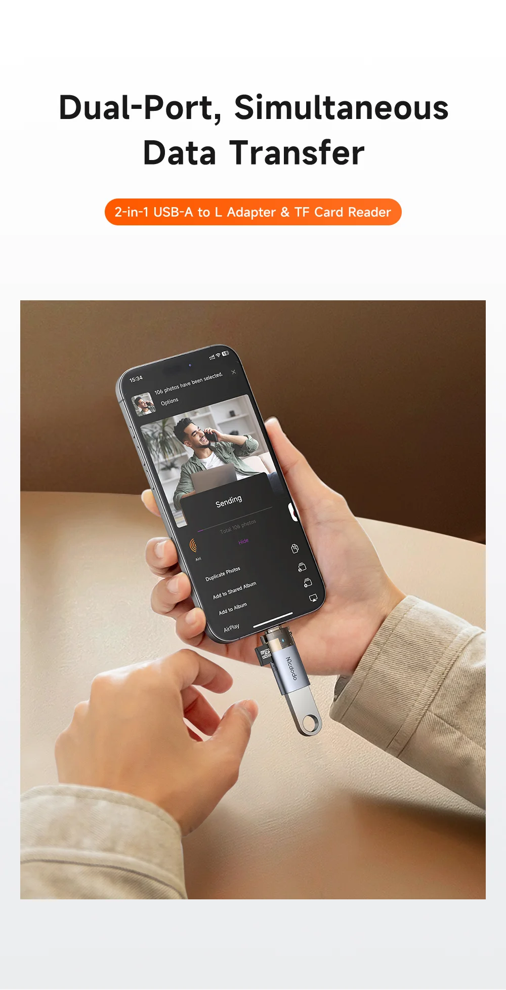 MCDODO OT-785 2 in 1 USB A Female to iP Male Converter with TF Card Slot 480Mbps Data Transfer Adapter 1