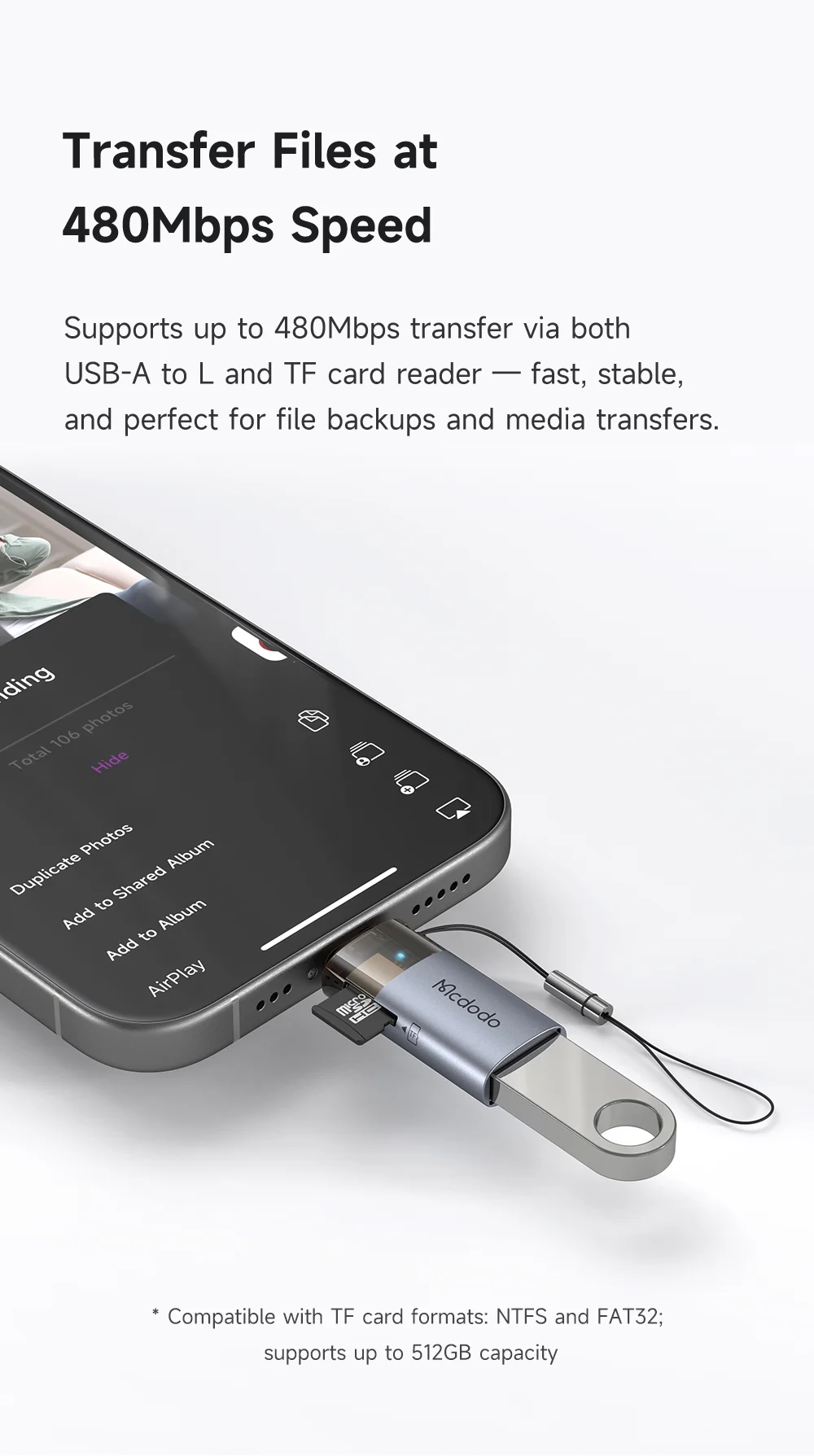 MCDODO OT-785 2 in 1 USB A Female to iP Male Converter with TF Card Slot 480Mbps Data Transfer Adapter 2