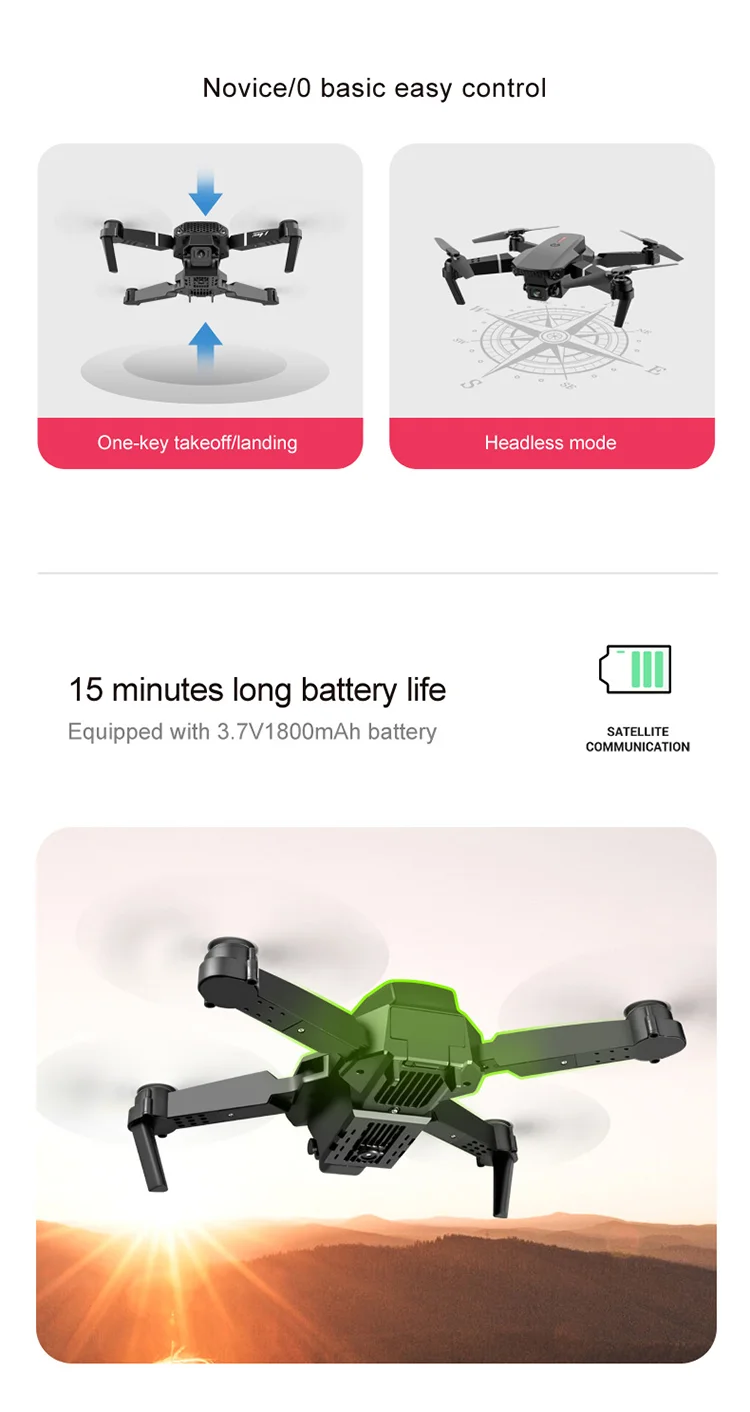 Drone pliable E88, photos aériennes HD, quadricoptère, maintien d'altitude, avion RC avec double caméra 4K - Noir 14