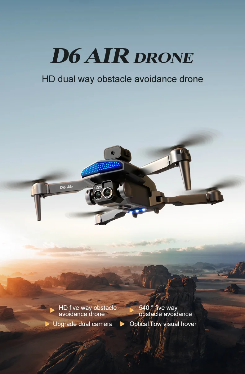 DLRC D6 AIR HD Dual Camera Aerial Foldable Drone 5-Sided Obstacle Avoidance RC Quadcopter (Optical Flow Positioning+ESC+2 Batteries) - Black 1