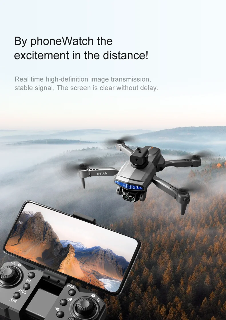 DLRC D6 AIR HD Dual Camera Aerial Foldable Drone 5-Sided Obstacle Avoidance RC Quadcopter (Optical Flow Positioning+ESC+2 Batteries) - Black 10