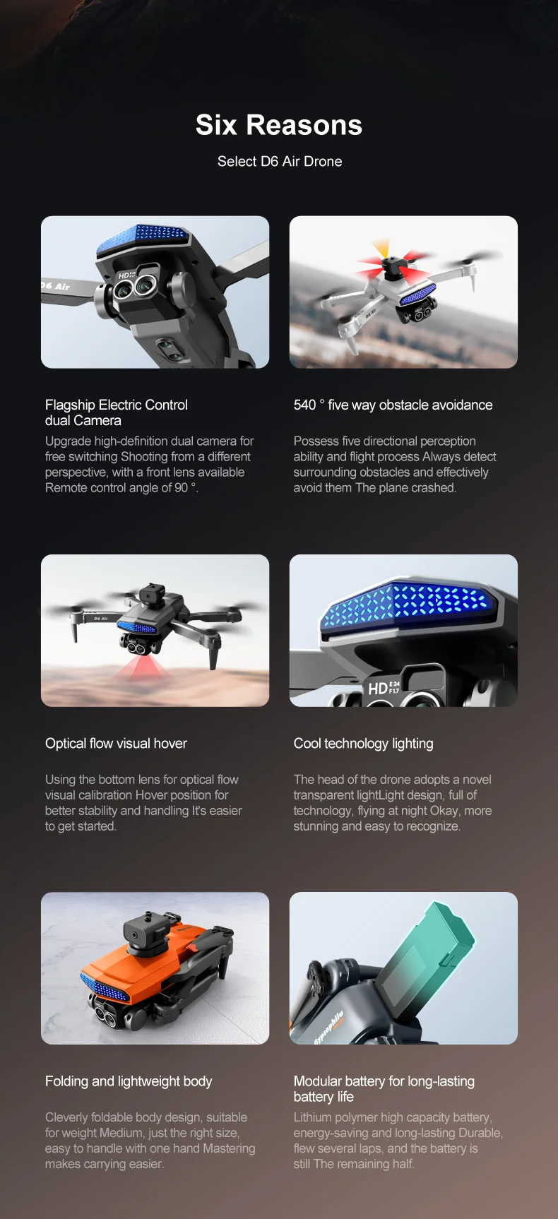 DLRC D6 AIR HD Dual Camera Aerial Foldable Drone 5-Sided Obstacle Avoidance RC Quadcopter (Optical Flow Positioning+ESC+2 Batteries) - Black 2
