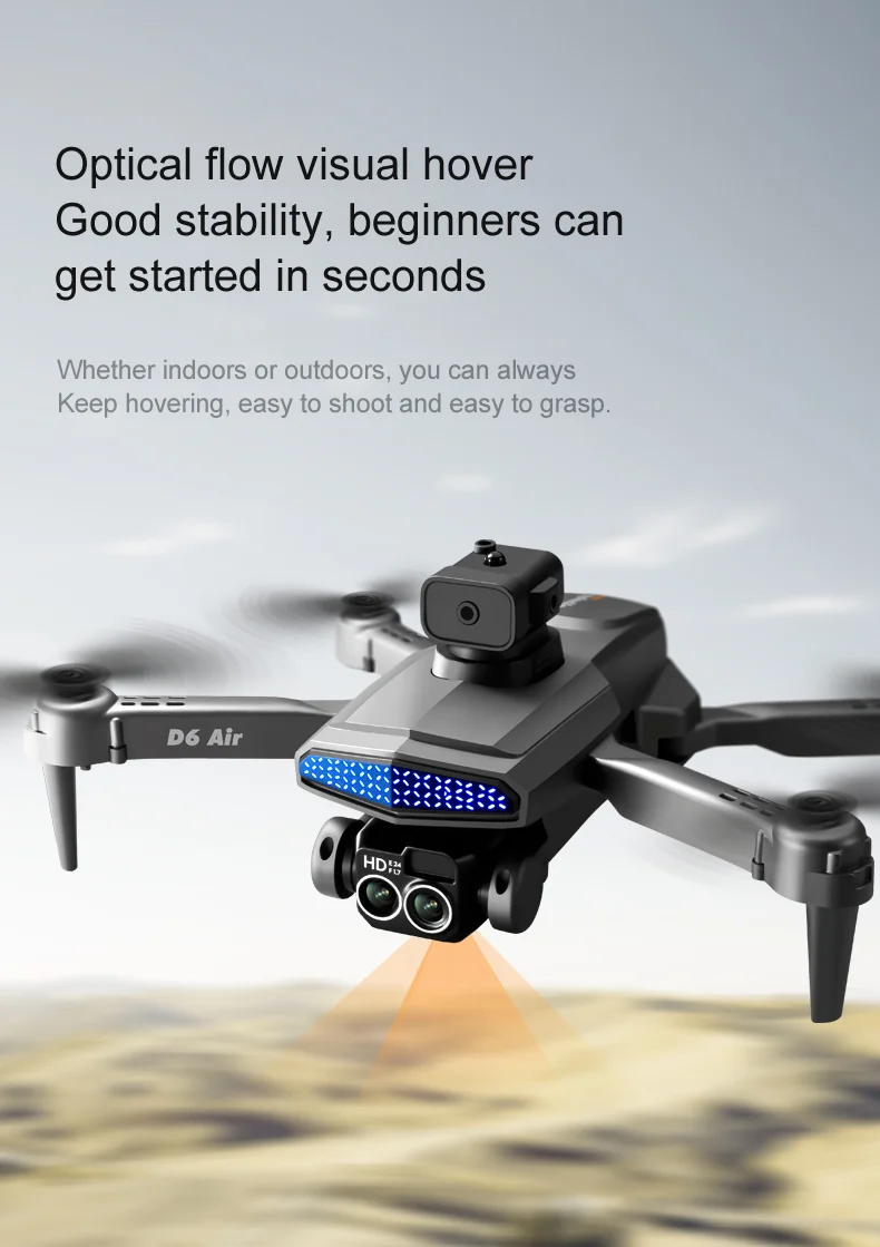 DLRC D6 AIR HD Dual Camera Aerial Foldable Drone 5-Sided Obstacle Avoidance RC Quadcopter (Optical Flow Positioning+ESC+2 Batteries) - Black 8