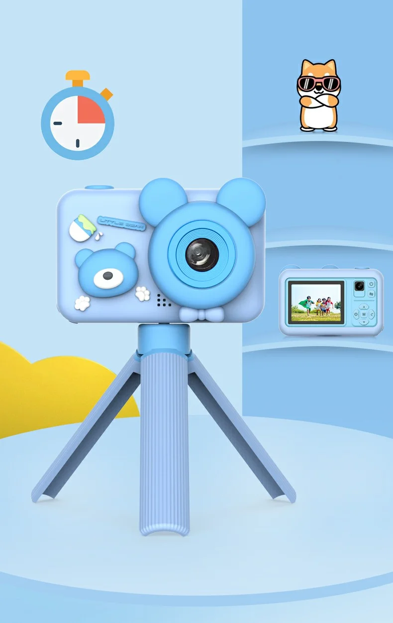 D32 2.0 Inch IPS Screen Dual Lens Mini Kids Camera Video Recorder with Tripod, with 32G Memory Card + Card Reader - Blue 15