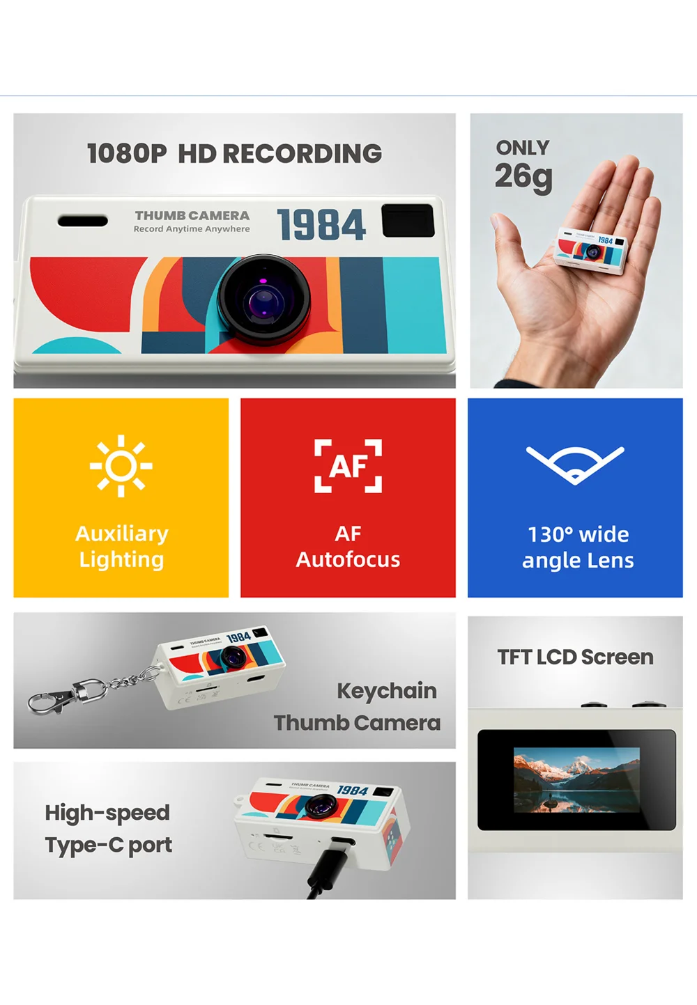 G6 0.96 Inch TFT Screen 2MP Thumb Camera with Keychain 1080P HD Mini Video Recorder for Kids Birthday Gift - Blue 3