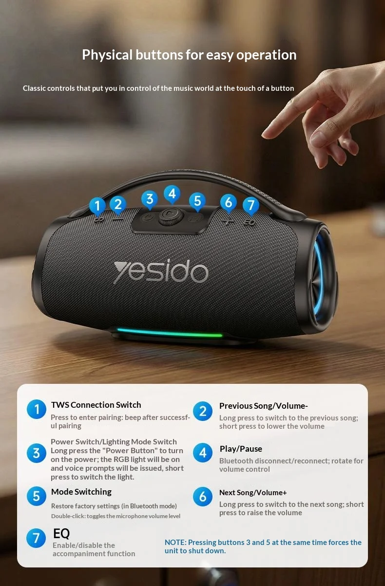 YESIDO YSW45 120W Bluetooth-compatible 5.0 Wireless Speaker RGB Lights Outdoor Portable Speaker with Microphone - Black 10
