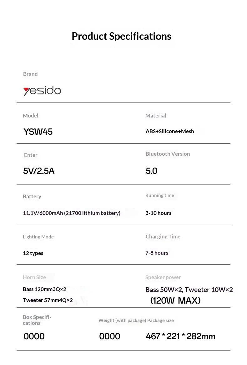 YESIDO YSW45 120W Bluetooth-compatible 5.0 Wireless Speaker RGB Lights Outdoor Portable Speaker with Microphone - Black 13