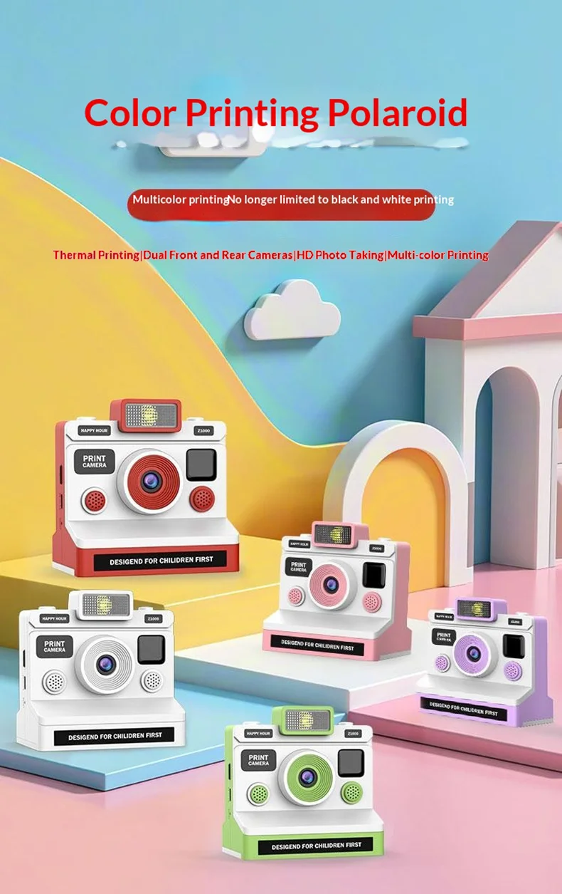Z1000 Kids 2.8 Inch Instant Printing Camera with 32GB Card and Card Reader Dual Lens HD Photo Video Thermal Printer Camera Toy - Red 1