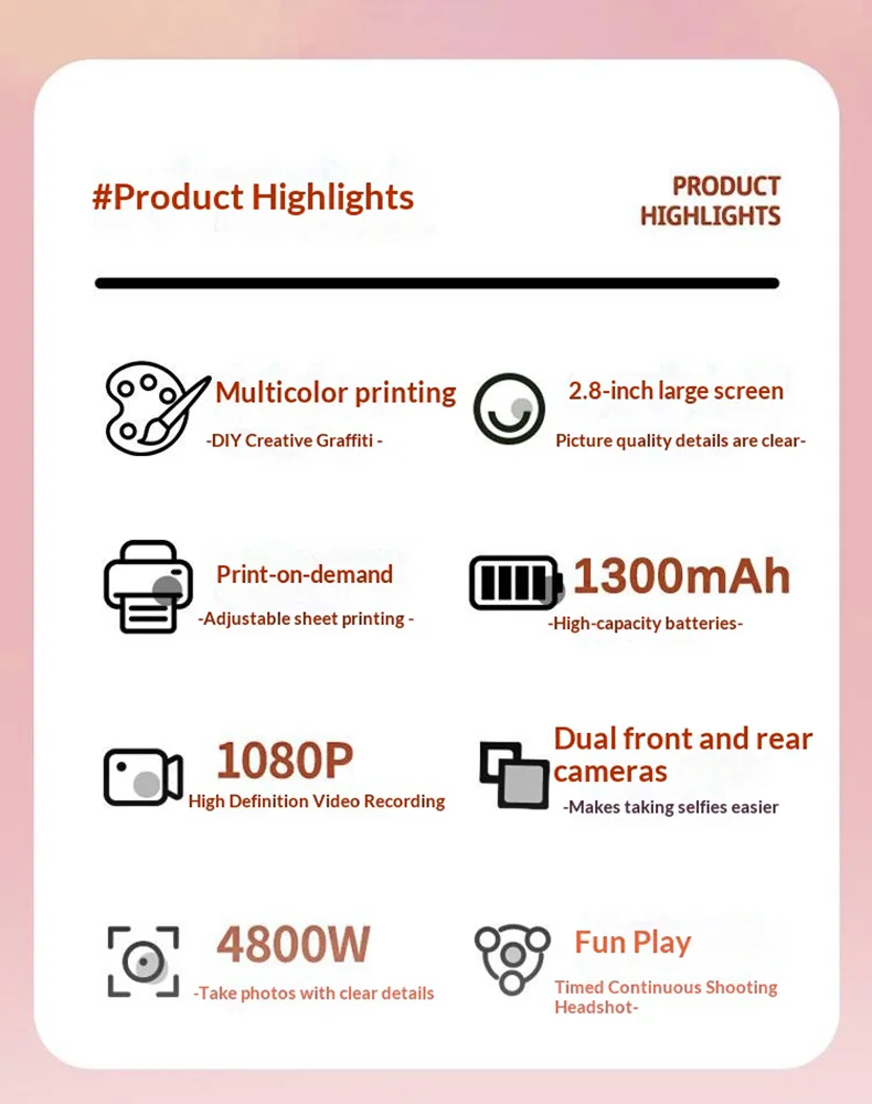Z1000 Kids 2.8 Inch Instant Printing Camera with 32GB Card and Card Reader Dual Lens HD Photo Video Thermal Printer Camera Toy - Red 2