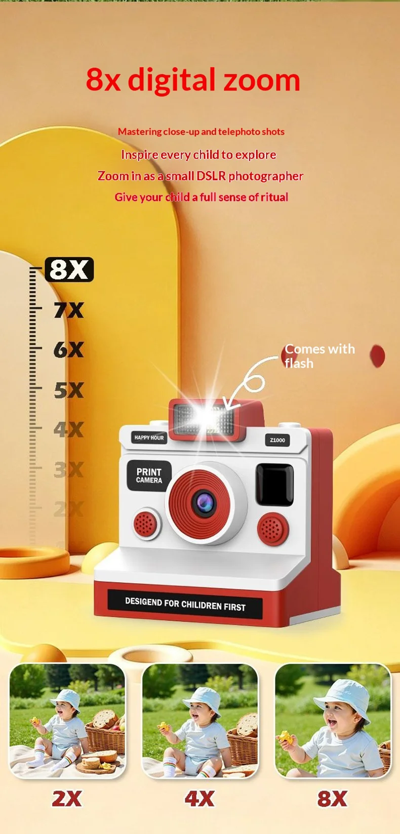 Z1000 Kids 2.8 Inch Instant Printing Camera with 32GB Card and Card Reader Dual Lens HD Photo Video Thermal Printer Camera Toy - Red 6