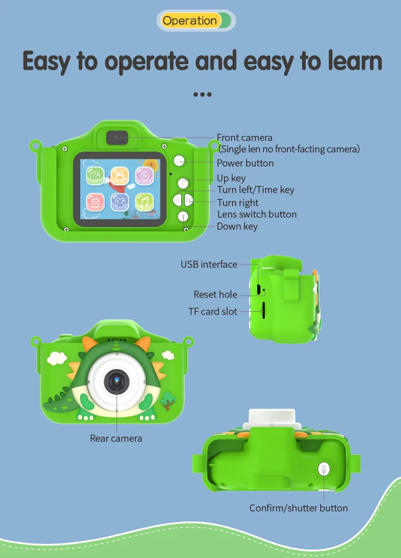 X12S Kids Camera 2.0 Inch IPS Screen Cartoon Dragon Video Recorder Cam, 32G TF Card+Card Reader (CE Certified) - Blue 10