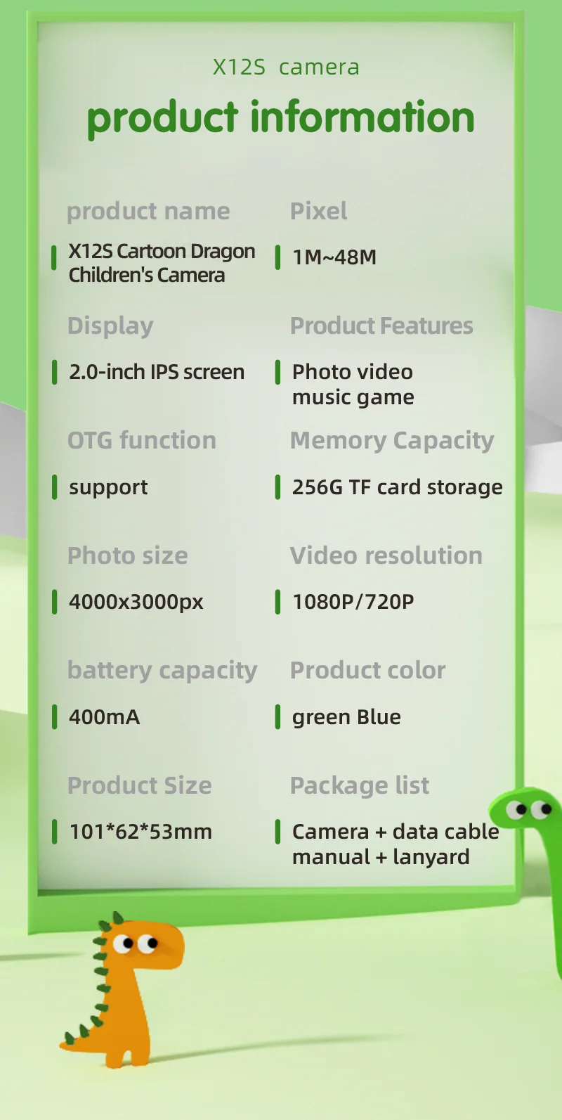 X12S Kids Camera 2.0 Inch IPS Screen Cartoon Dragon Video Recorder Cam, 32G TF Card+Card Reader (CE Certified) - Blue 12