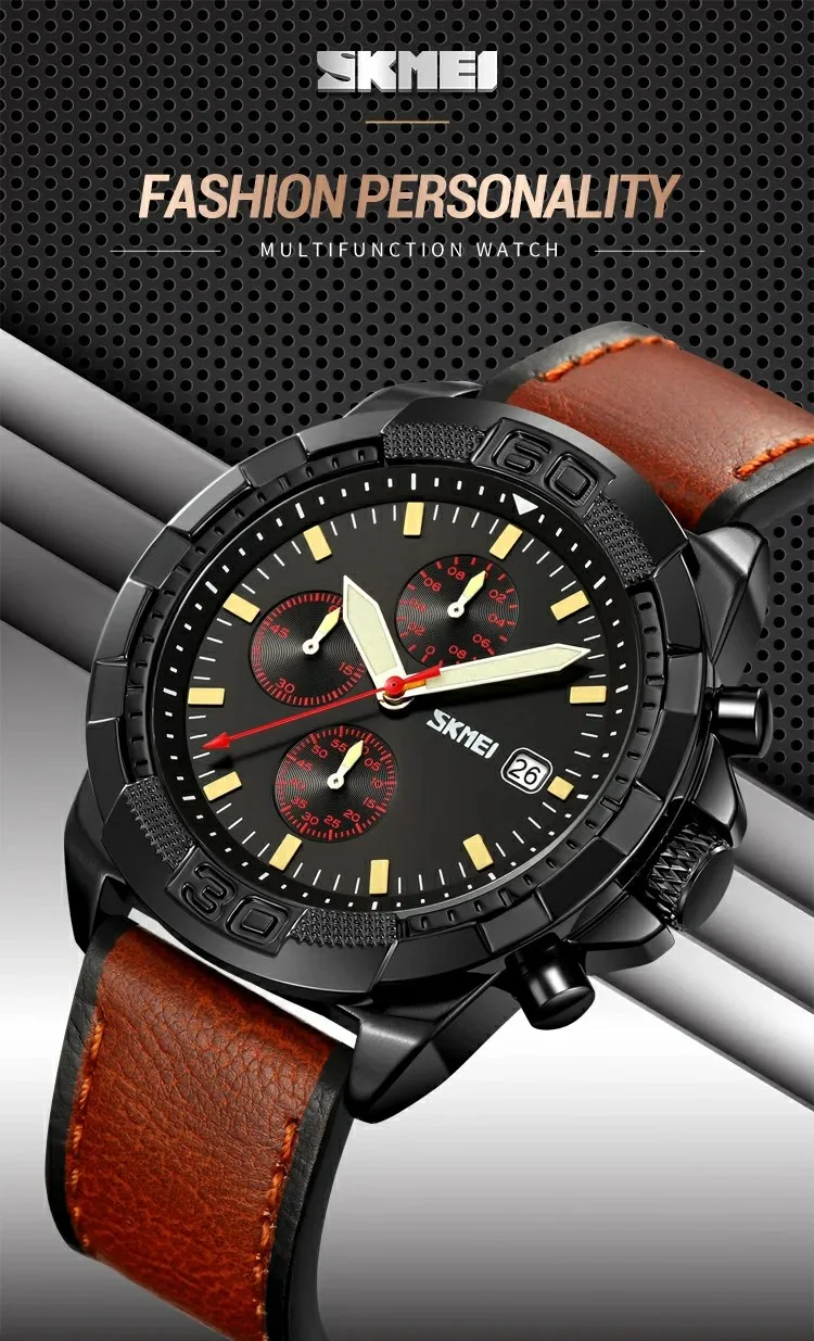 SKMEI 9347 Stylish Men Leather Strap Luminous Calendar Quartz Watch - Coffee Strap / Black Dial 1