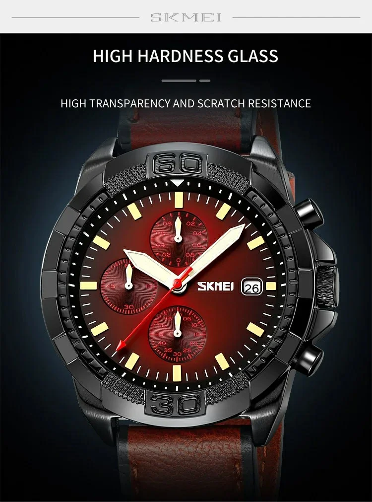 SKMEI 9347 Stylish Men Leather Strap Luminous Calendar Quartz Watch - Coffee Strap / Black Dial 10