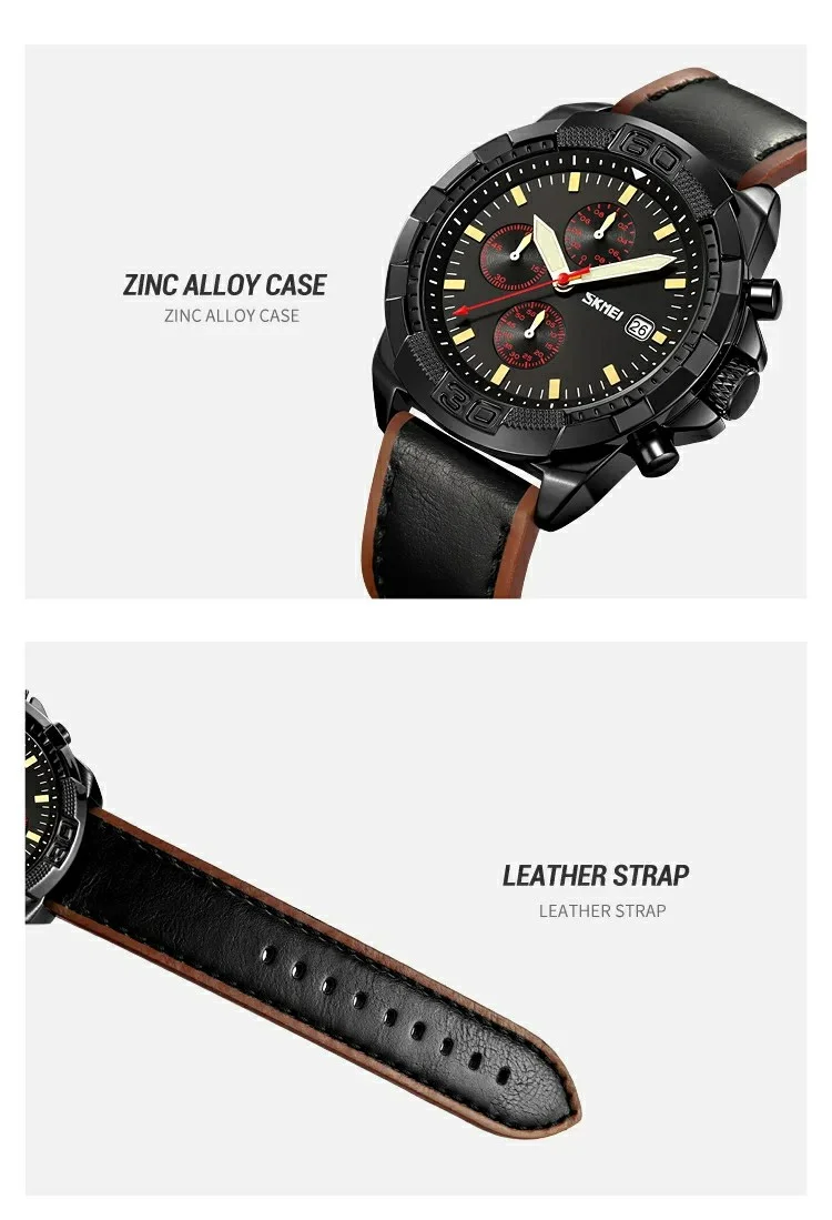 SKMEI 9347 Stylish Men Leather Strap Luminous Calendar Quartz Watch - Coffee Strap / Black Dial 11