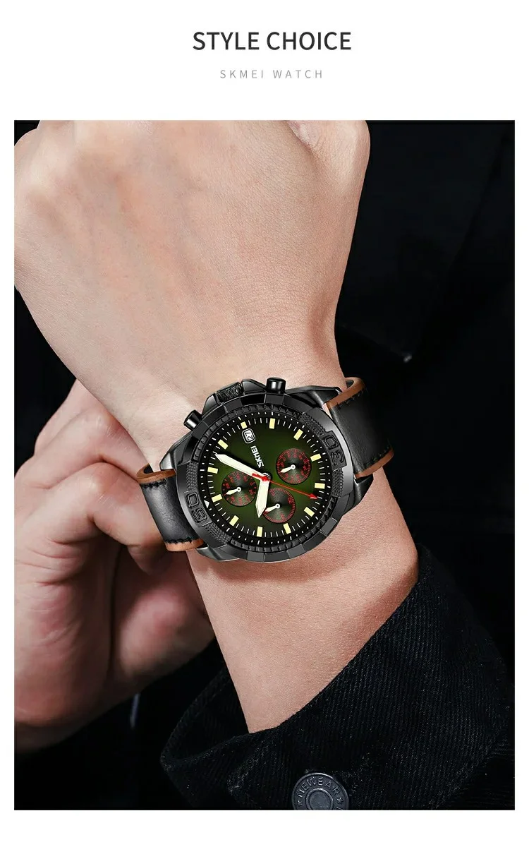 SKMEI 9347 Stylish Men Leather Strap Luminous Calendar Quartz Watch - Coffee Strap / Black Dial 12