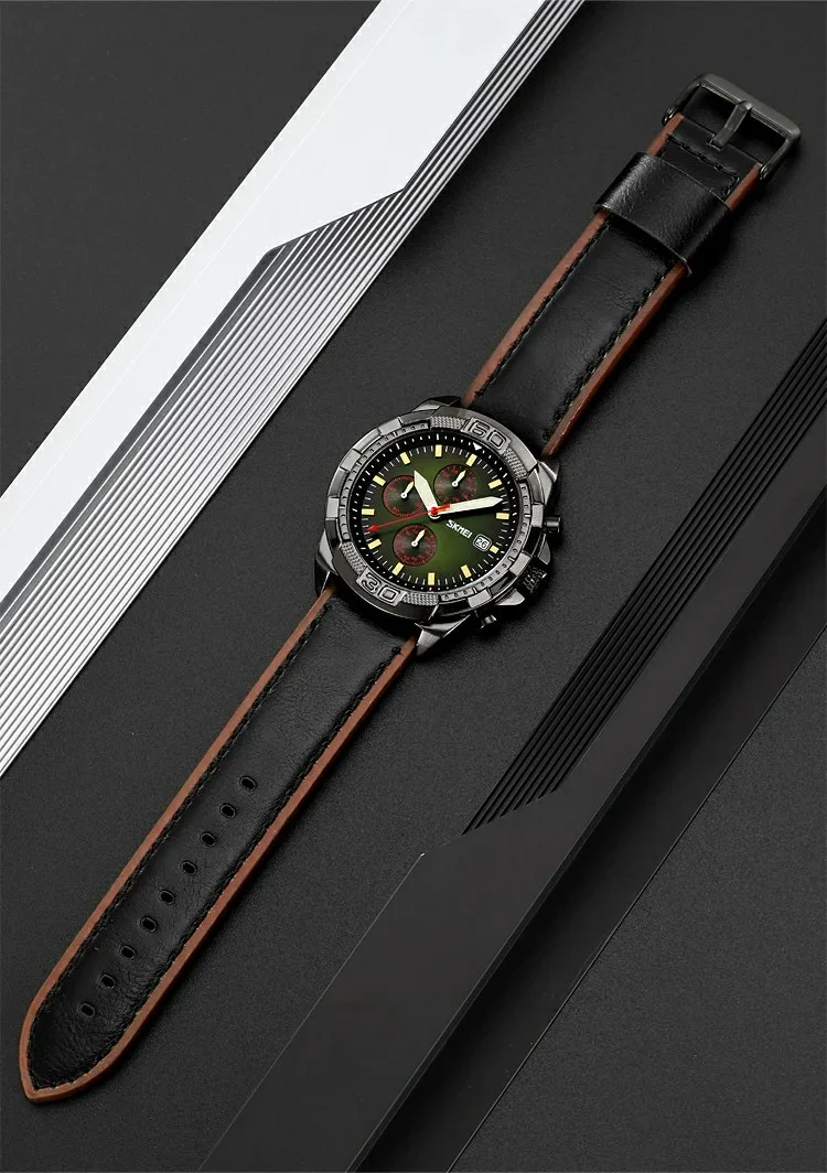 SKMEI 9347 Stylish Men Leather Strap Luminous Calendar Quartz Watch - Coffee Strap / Black Dial 13