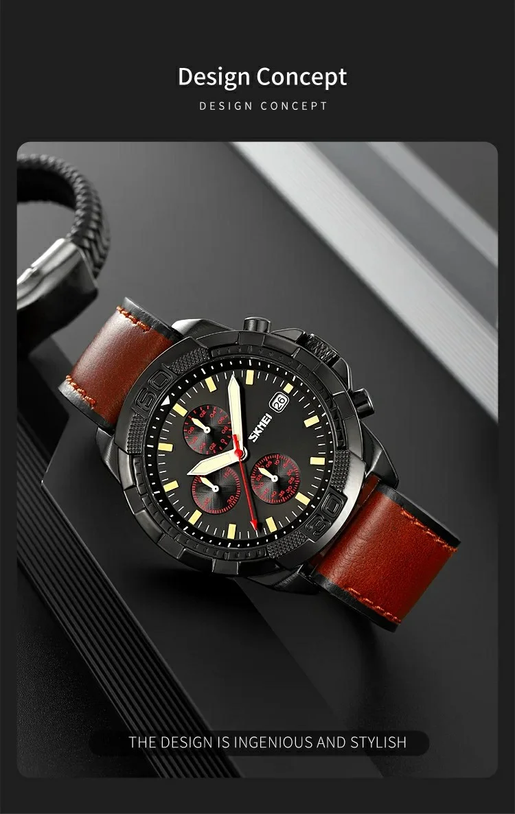 SKMEI 9347 Stylish Men Leather Strap Luminous Calendar Quartz Watch - Coffee Strap / Black Dial 2
