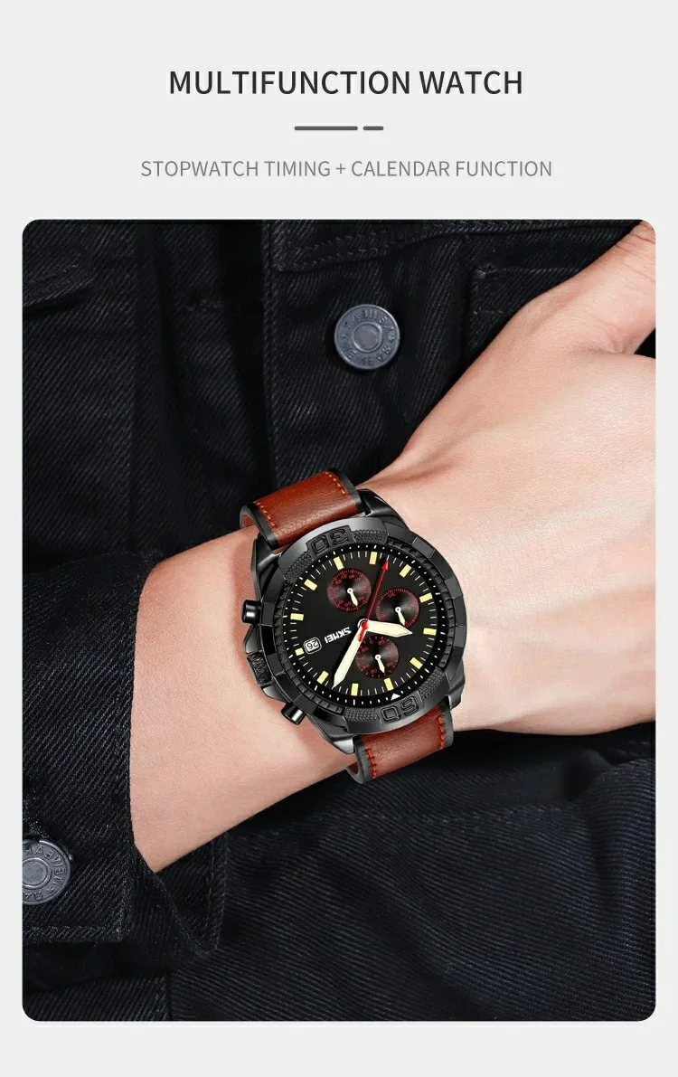 SKMEI 9347 Stylish Men Leather Strap Luminous Calendar Quartz Watch - Coffee Strap / Black Dial 3