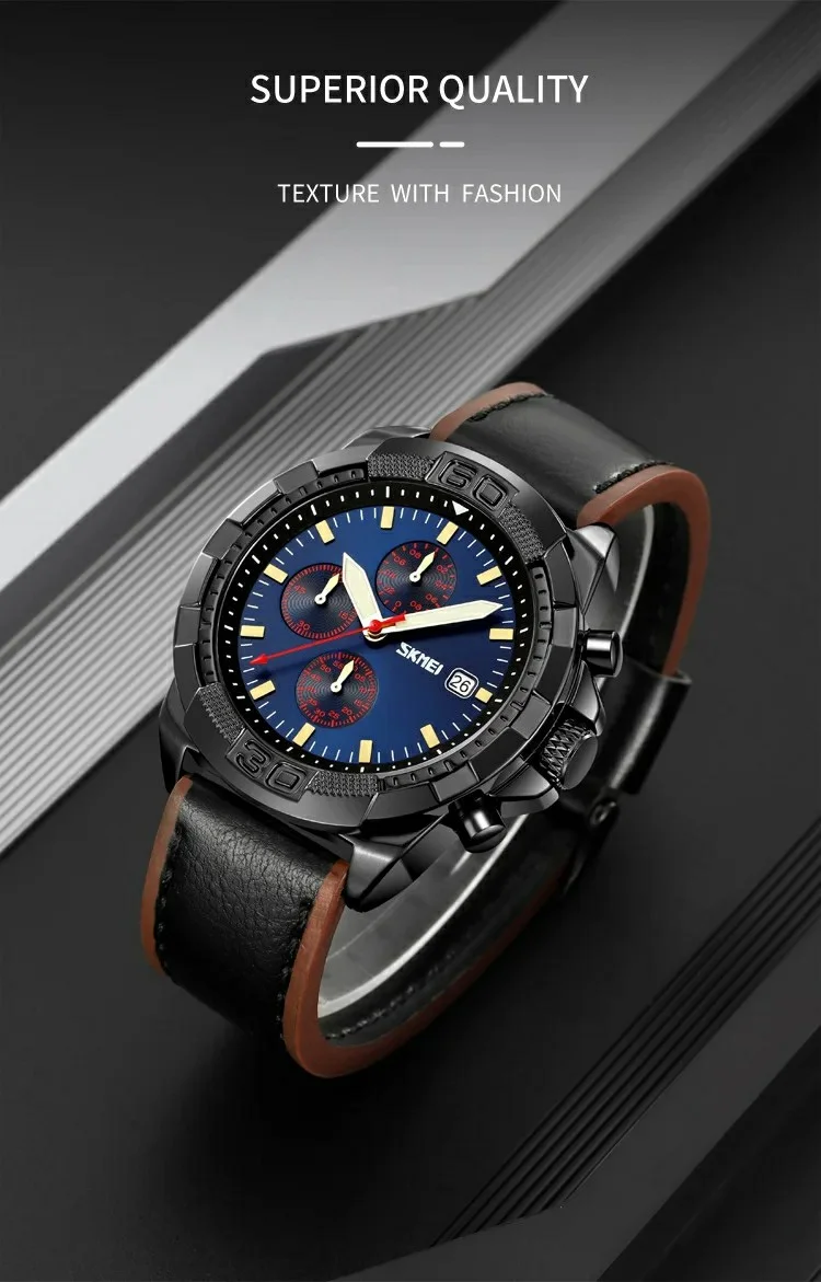 SKMEI 9347 Stylish Men Leather Strap Luminous Calendar Quartz Watch - Coffee Strap / Black Dial 4