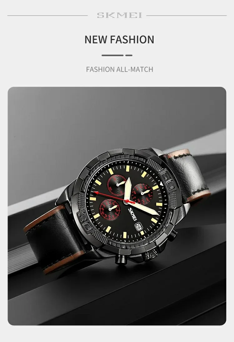 SKMEI 9347 Stylish Men Leather Strap Luminous Calendar Quartz Watch - Coffee Strap / Black Dial 5