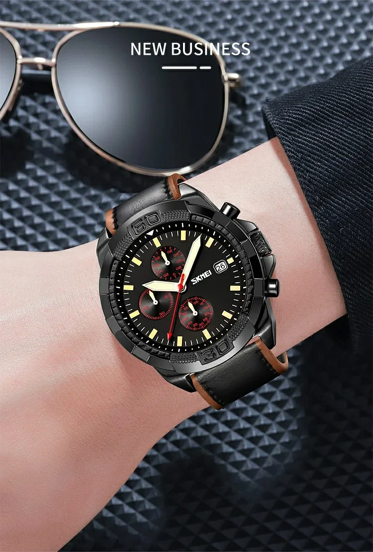 SKMEI 9347 Stylish Men Leather Strap Luminous Calendar Quartz Watch - Coffee Strap / Black Dial 6